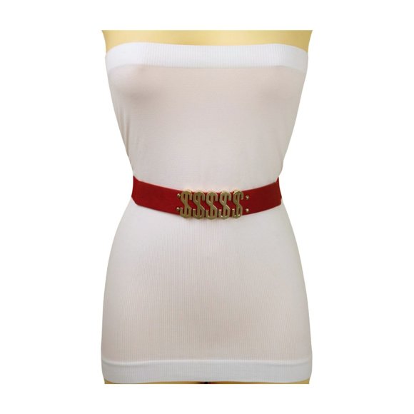 Women Red Color Elastic Waistband Skinny Belt Gold Dollar Sign $$$ Size S M z007 - Picture 12 of 16